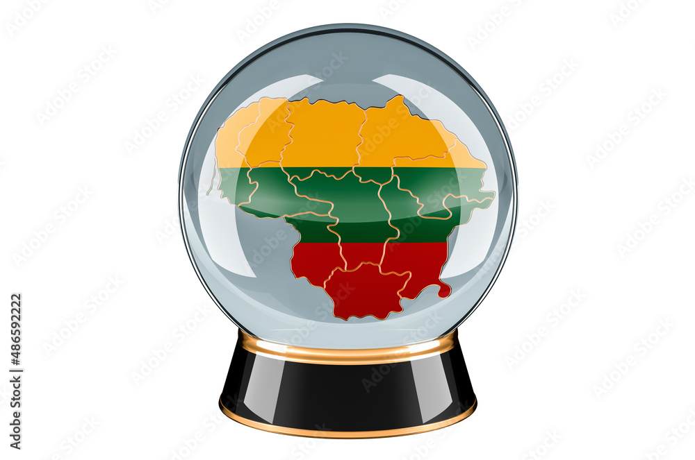 Poster crystal ball with lithuanian map. forecasting and prediction for lithuania, concept. 3d rendering