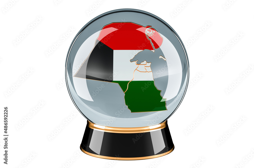Poster crystal ball with kuwaiti map. forecasting and prediction for kuwait, concept. 3d rendering