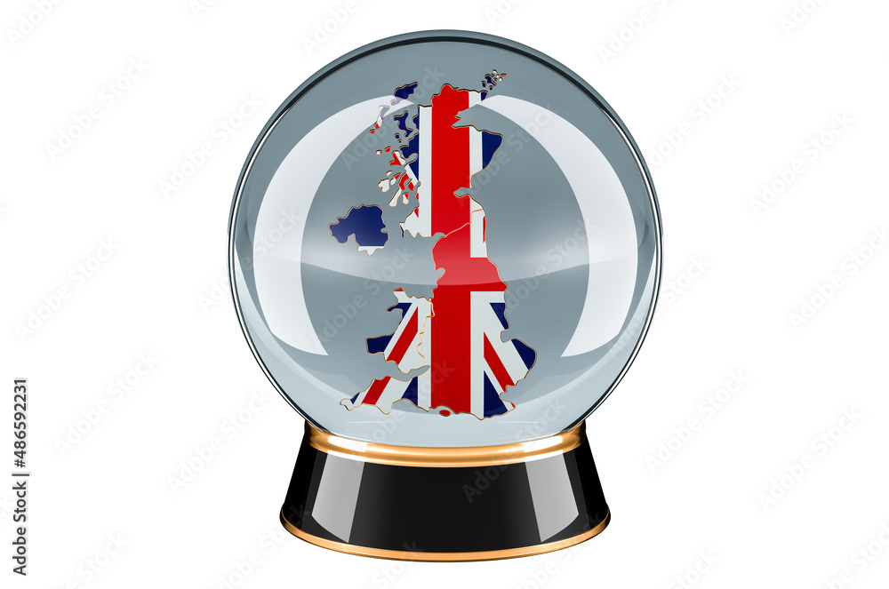 Poster crystal ball with british map. forecasting and prediction for the great britain, concept. 3d renderi