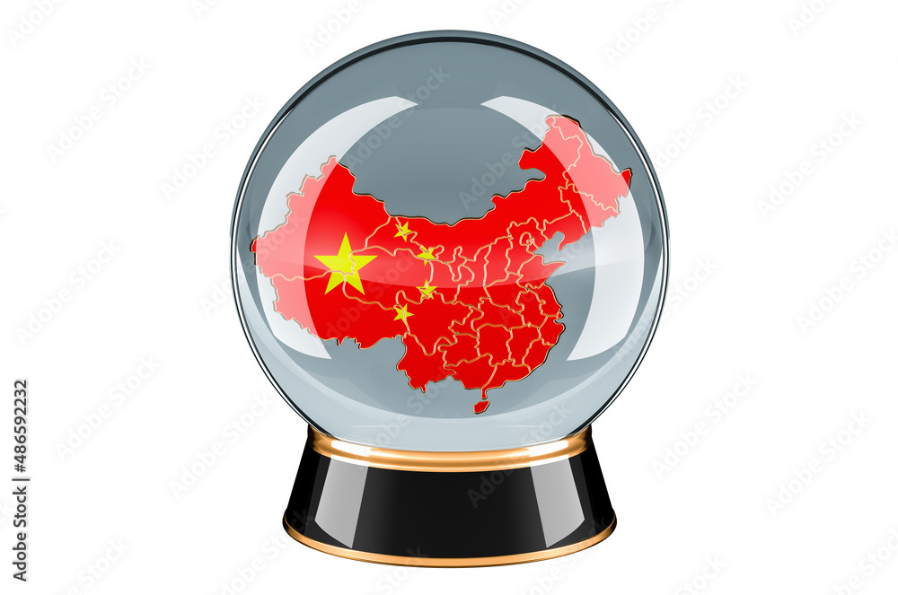 Poster crystal ball with chinese map. forecasting and prediction for china, concept. 3d rendering