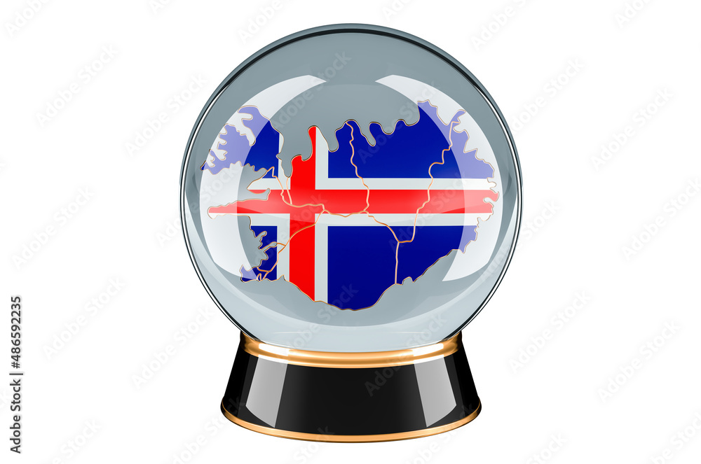 Poster crystal ball with icelandic map. forecasting and prediction for iceland, concept. 3d rendering