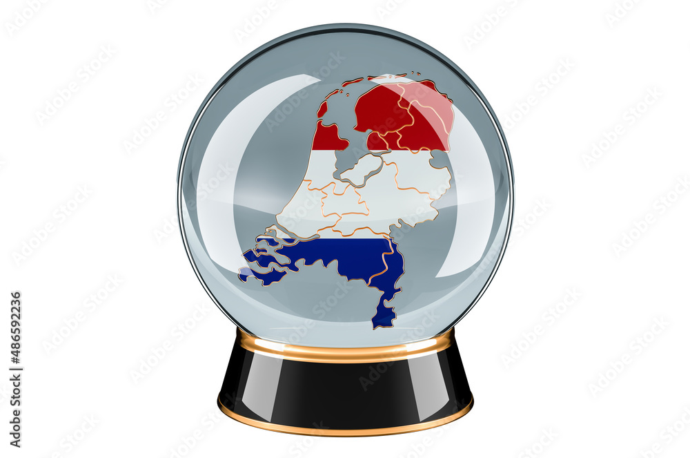 Poster crystal ball with the netherlands map. forecasting and prediction for the netherlands, concept. 3d r