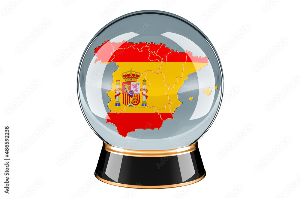 Poster crystal ball with spanish map. forecasting and prediction for spain, concept. 3d rendering