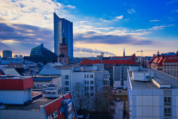 Blick über Leipzig, Morgen, Wolken, Hiimmel	