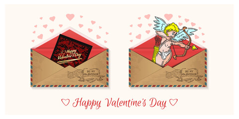 Vintage envelopes with congratulations for Valentine's Day. Cupid shoots a bow. Be my Valentines. Happy Valentine's Day. Vector illustration
