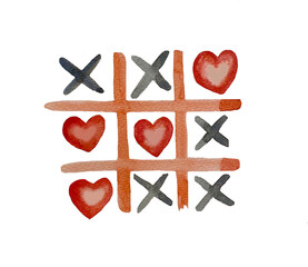 Illustration and background for Valentine's day painted in watercolor. Crosses and hearts.