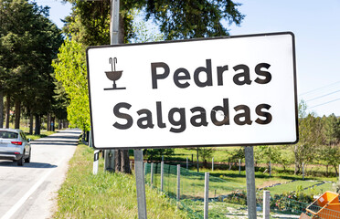 Fototapeta premium village entry sign at Pedras Salgadas (Bornes de Aguiar), municipality of Vila Pouca de Aguiar, district of Vila Real, Portugal 