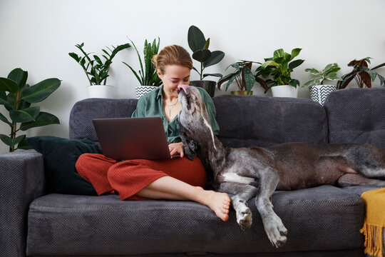 Woman on couch with dog