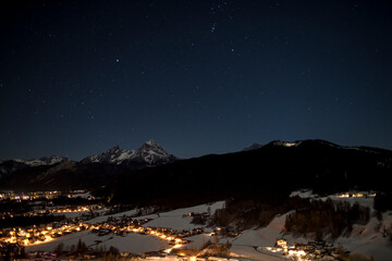 travel germany and bavaria, Berchtesgaden at night with the mountain Watzmann in the background,...
