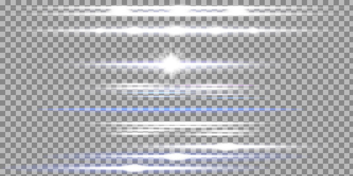 Solar glare.Glow isolated white transparent light effect set, lens flare, explosion, glitter, line, sun flash, spark and stars. Beautiful optical lens flare effect sun light.