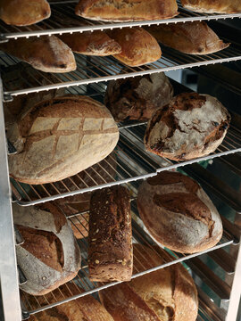 Baked fresh goods stoked on metallic racks at bakery shop