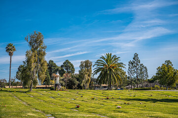 Santa Barbara, California, USA - February 8, 2022: Calvary Cemetery. Wide landscape of burial lawn...