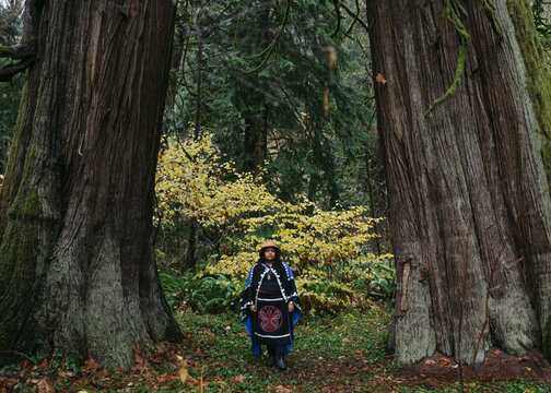 Indigenous woman standing near old growth cedars.