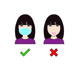 No Entry Without Face Mask. Wrong and right Wear a Face Covering Icon. People protection. Vector illustration