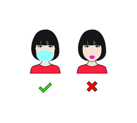 No Entry Without Face Mask. Wrong and right Wear a Face Covering Icon. People protection. Vector illustration