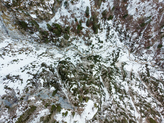 Drop down view of a mountain river flowing through winter forest.