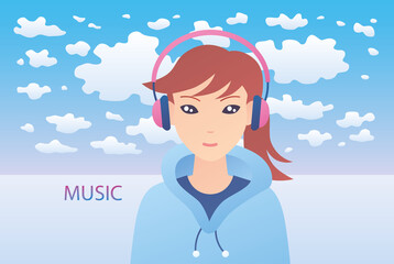 Beautiful stylish dreamy girl or young woman wearing hoodie listening to music in pink wireless headphones, blue sky and sea beach summer background, modern flat design isolated vector illustration.