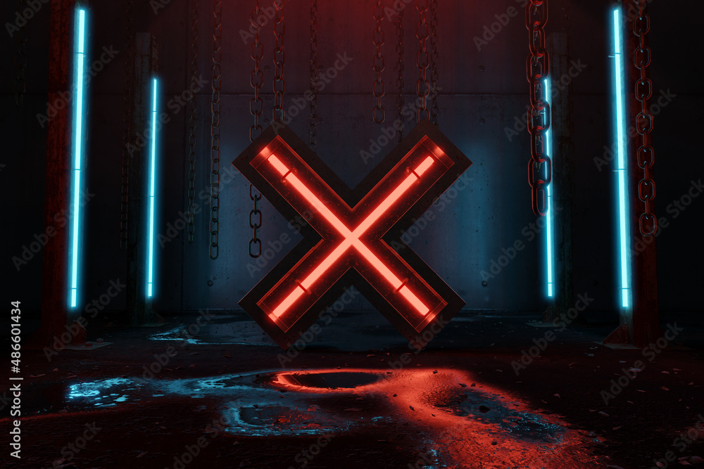 Poster 3d rendering of red lighten x framed shape next to concrete pillars and hanging chains
