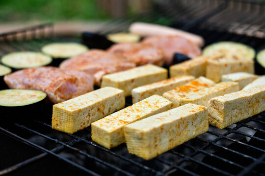 Close up of various grilled food