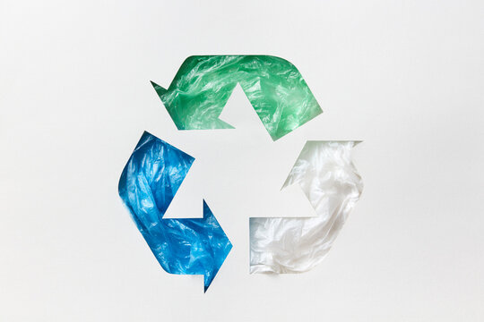Recycle sign made of plastic bags