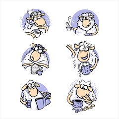 Fototapeta premium Set of stickers with cute lamb sheep and rams with different scenes and emotions