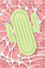 Inflatable mattress in the shape of a cactus in the pool, pool party, beach vacation, hotel vacation with inflatable toys. Vector illustration