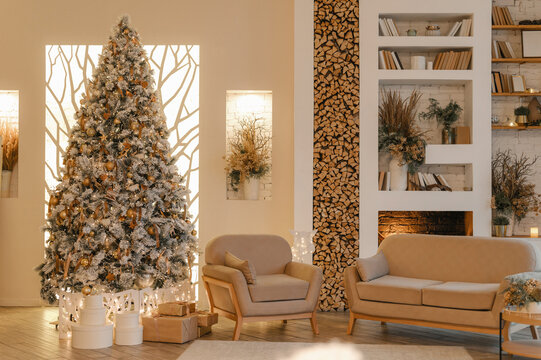 Cozy living room with Christmas tree