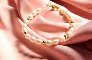 pearl necklace on pink silk, Bracelets with Pearls