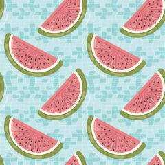 Seamless pattern with watermelon shaped inflatable mattresses for pool party, fabric background and banner. Vector illustration