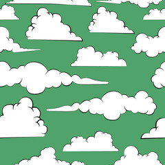 White clouds on a green background. Seamless texture . Vector illustration.