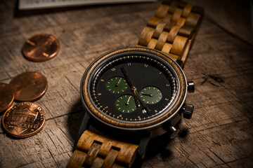 watch on wood with coins