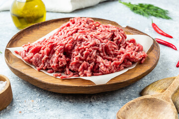 Raw minced beef meat on a wooden dish over grey background.