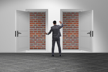 Businessman facing no exit with brick door