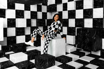 Portrait of a young woman on a CGI set
