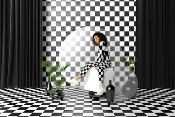 Portrait of a young woman posing on a CGI set
