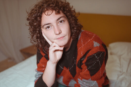 Beautiful woman with vintage style in room portrait