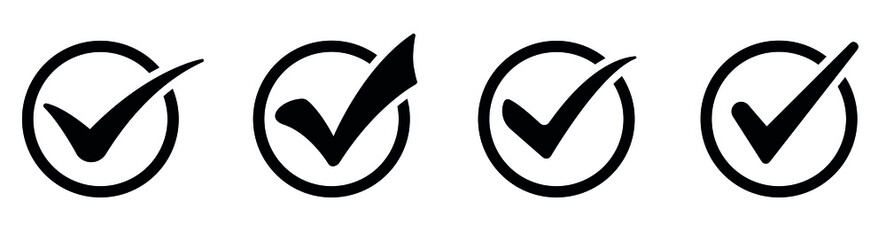 Check mark icon set in black color. Check box set, check list signs, approval badge. EPS 10 vector illustration