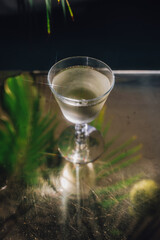 chilled glass of white wine with palm tree and brass table