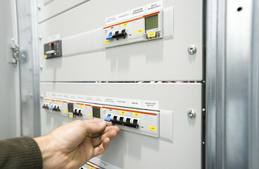 electrician operating circuit breaker on industrial electrical panel