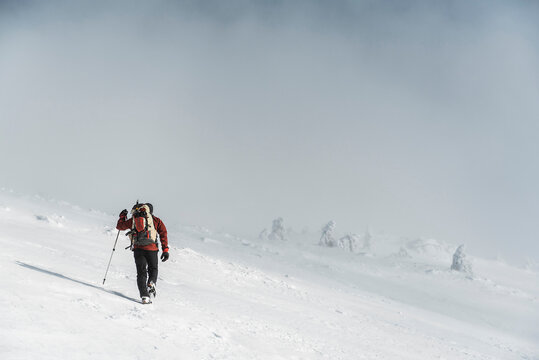 Mountain explorer hiking alone on snowy mountain