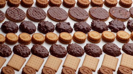 Chocolate coated biscuits, round biscuits, crackers stacked in rows in a horizontal direction