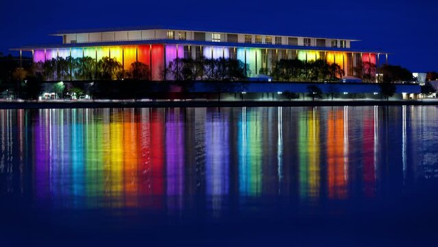 The Kennedy Center With Rainbow Color Blue Hour into Night Timelapse