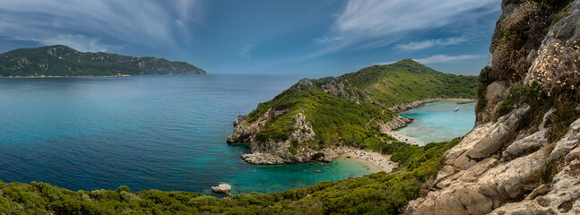 Beautiful summertime panoramic seascape of Porto Timoni. Afionas region. Corfu Greece