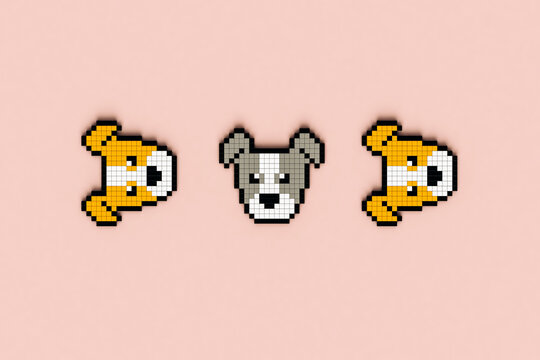 Pixelated dogs in different colors on pink background