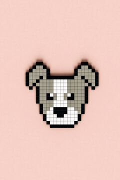 Pixelated grey dog on pink background