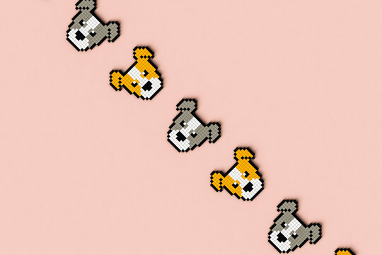 a row of Pixelated dogs on pink background