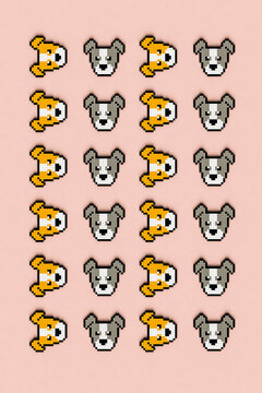 top-down view of Pixelated dogs on pink background