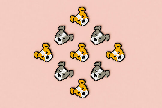 Pixelated dogs in different positions and colors.