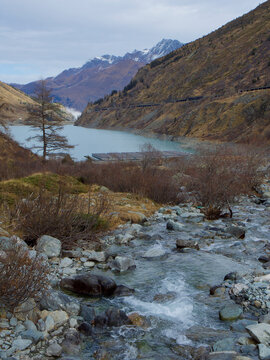 Floating solar power plant on flowing hydropower lake, river