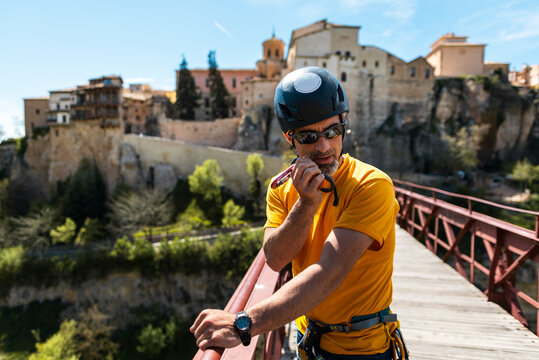 Authentic man talking using walkie-talkie
